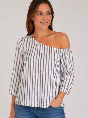 Banana Republic One Shoulder Blouse Women’s Medium White Blue Striped 3/4 Sleeve
